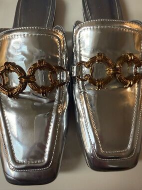 Circus by Sam Edelman Silver Metallic Mules with Gold Chain Detail